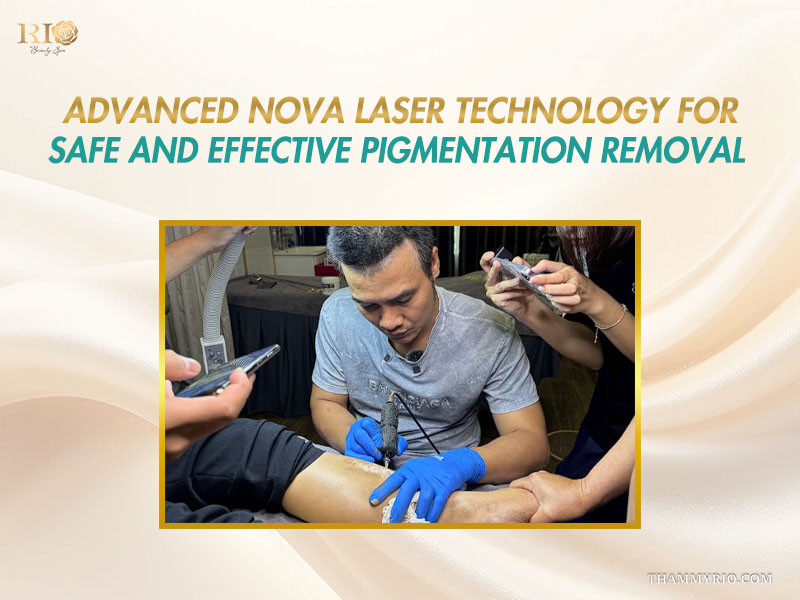 Specialist wearing blue sterile gloves operating a high-tech handpiece during advanced pigmentation removal treatment