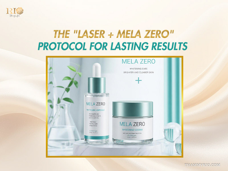 Mela Zero whitening ampoule serum and cream set used in combination with laser therapy for lasting pigment correction