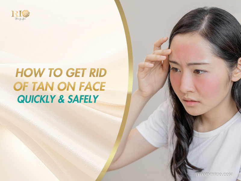 Distressed young woman checking facial sunburn and redness on a banner explaining how can i remove sun tan quickly and safely