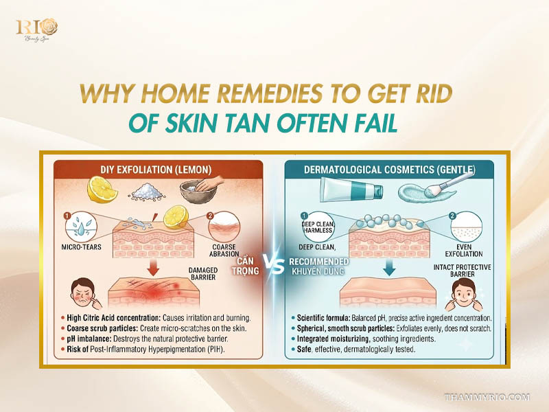 Educational diagram contrasting abrasive DIY lemon scrubs with gentle dermatological skincare for sun tan removal