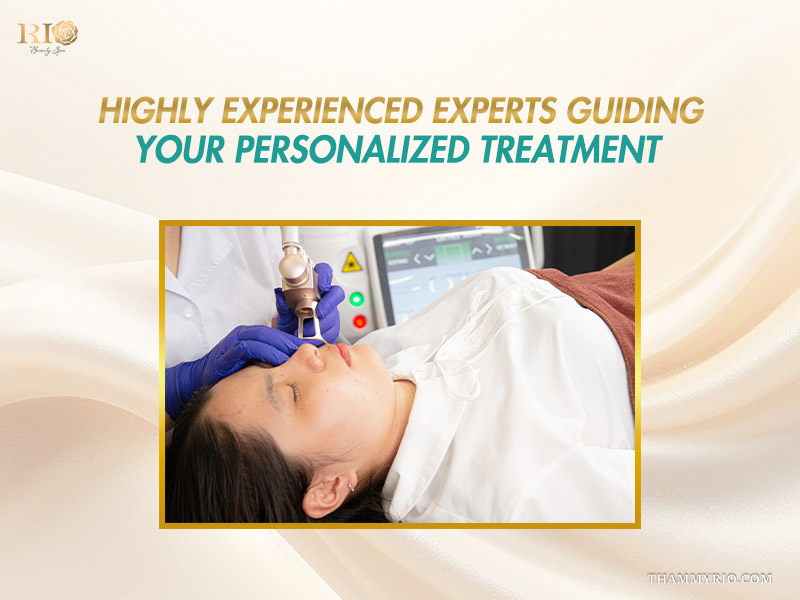 Aesthetic practitioner wearing purple surgical gloves performing precision laser therapy on a female client