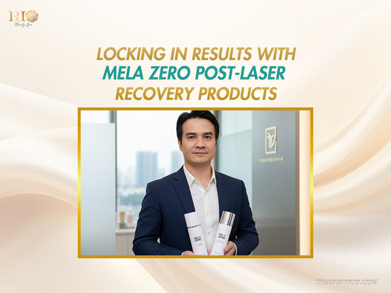 Senior specialist in a dark suit holding Mela Zero recovery skincare bottles designed for post-sun tan repair. How to get rid of tan