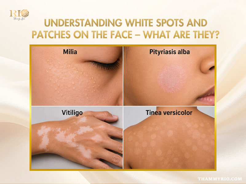 White dots and patches on face including milia, pityriasis alba, vitiligo and tinea versicolor