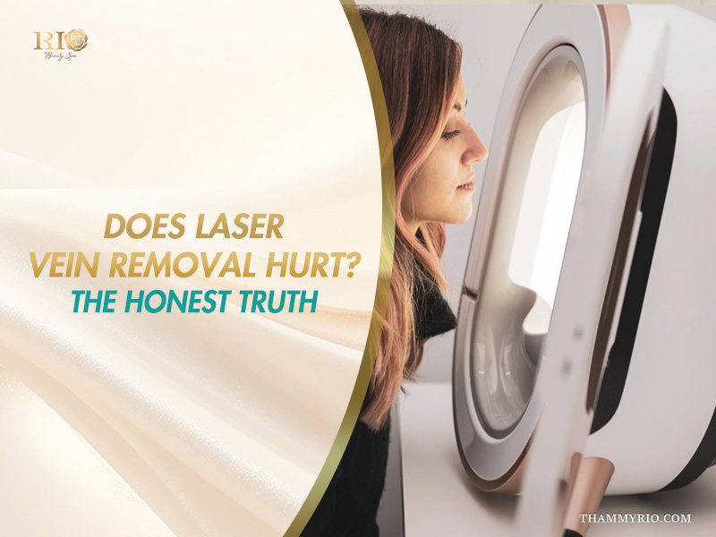 Patient undergoing skin analysis prior to treatment on a banner addressing does laser vein removal hurt