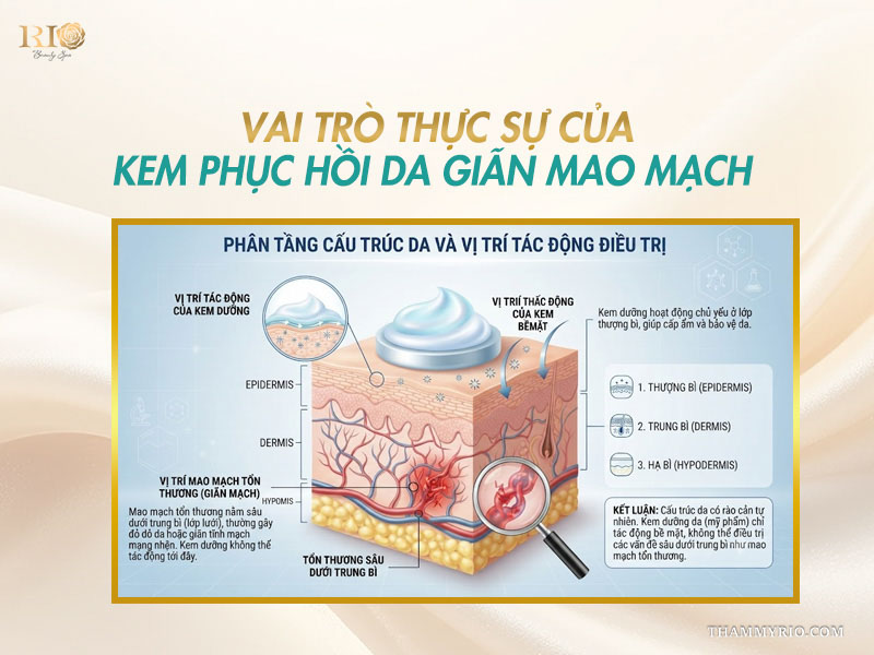 Sơ đồ cấu trúc da 3 tầng giải thích vai trò tác động bề mặt của kem phục hồi da giãn mao mạch