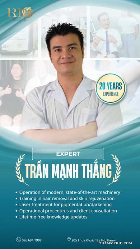 Promotional poster featuring Expert Tran Manh Thang with 20 years of experience at Rio Beauty Spa