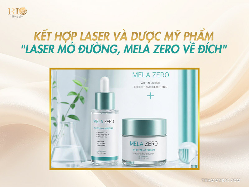 Bộ đôi sản phẩm dược mỹ phẩm Mela Zero gồm tinh chất serum và kem dưỡng ẩm hỗ trợ làm mờ thâm nám