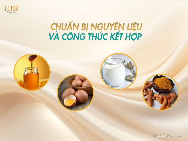4 hình tròn minh họa các nguyên liệu làm mặt nạ gồm mật ong, trứng gà, sữa chua không đường và tinh bột nghệ tươi
