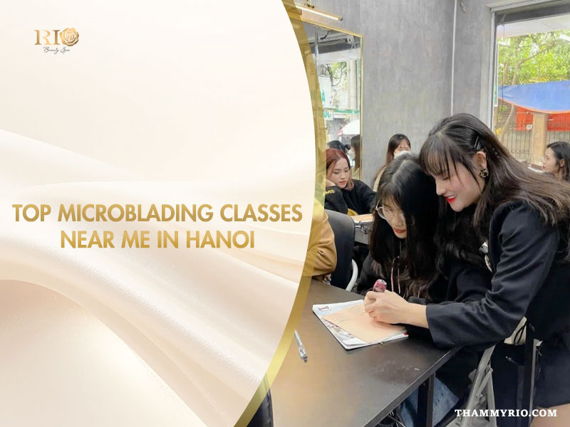 Students practicing on artificial skin at top microblading classes near me in Hanoi.