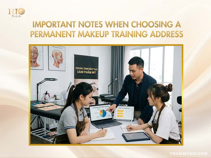 Instructor teaching business skills at microblading classes near me in Hanoi.
