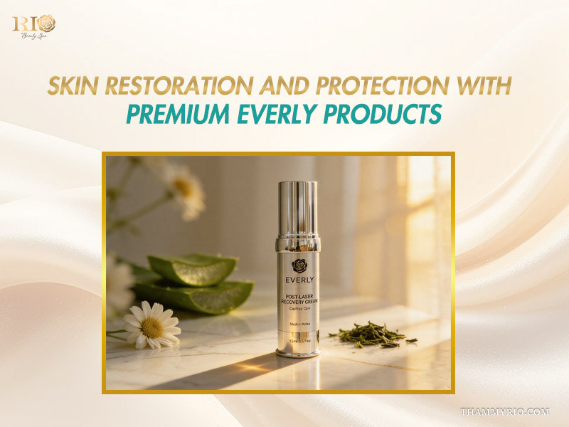 Everly post-laser recovery cream displayed on a sunlit table representing aftercare for non surgical spider vein treatment