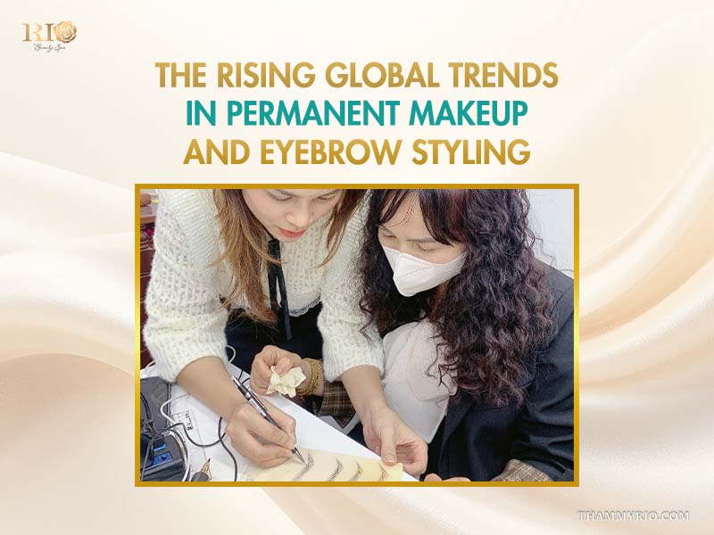 Instructor guiding student on global permanent makeup and eyebrow styling trends.