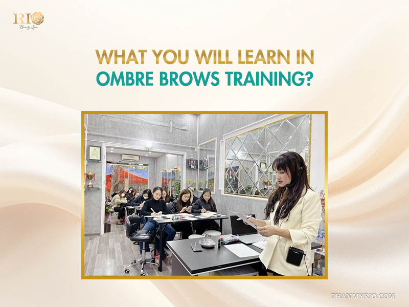 Instructor teaching theory in a modern classroom during ombre brow training.