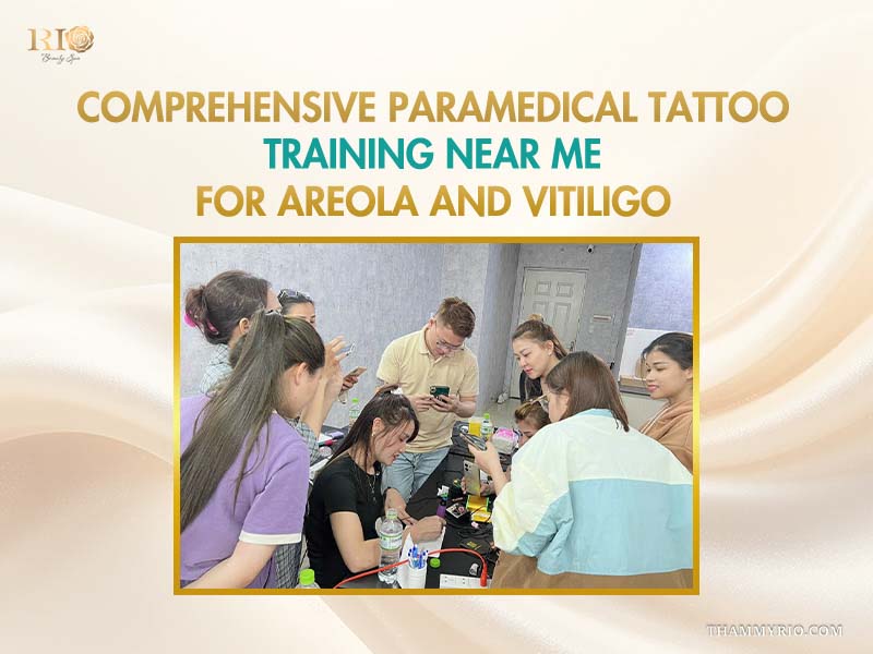 Trainees gathered closely around an instructor observing detailed areola and vitiligo camouflage tattooing techniques