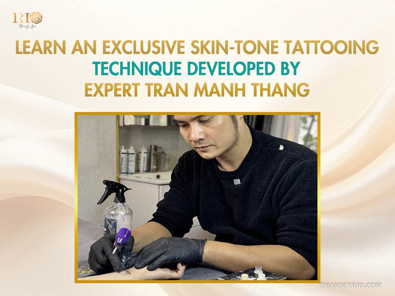 Expert Tran Manh Thang applying specialized skin-tone camouflage pigment onto a client's wrist scar
