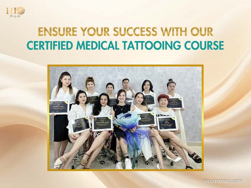 Group of certified medical tattooing graduates proudly displaying their accredited certificates and celebratory flowers