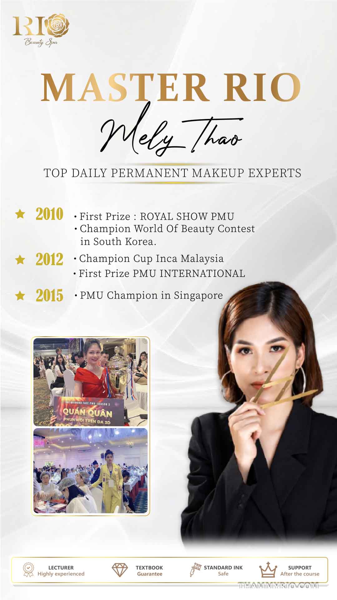 Master Mely Thao holding Golden Ratio calipers on a promotional banner outlining instructor qualifications and PMU training cost value