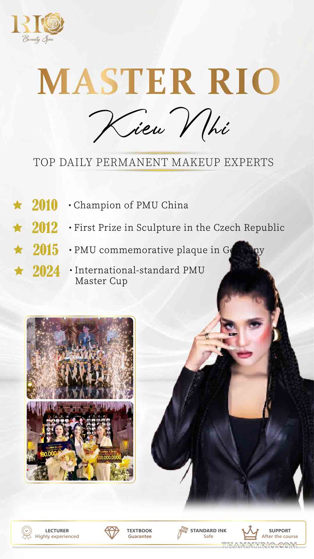 Master Kieu Nhi posing in sleek black attire on an instructor showcase banner reflecting the quality behind PMU training cost
