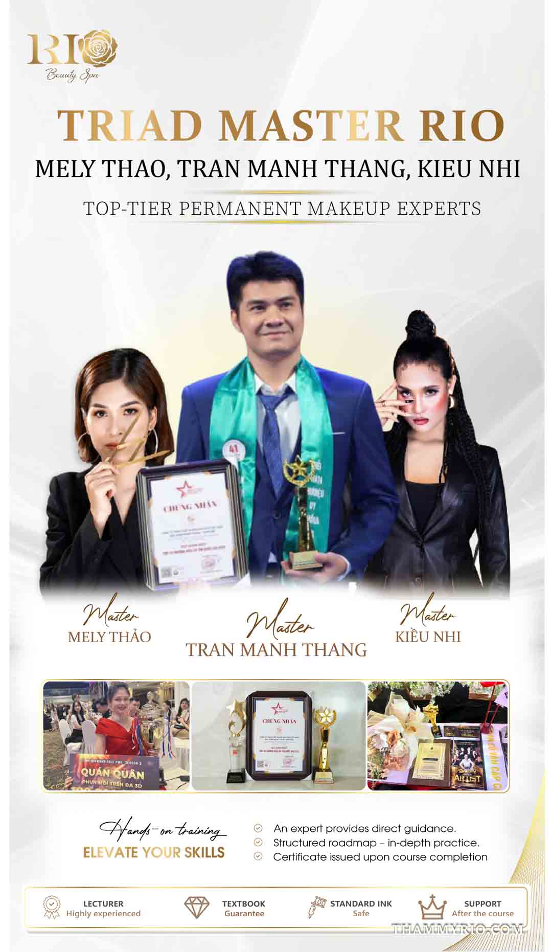 Master Mely Thao, Tran Manh Thang, and Kieu Nhi posing with award trophies on a banner detailing PMU training cost inclusions