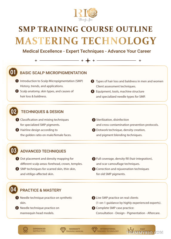 Comprehensive course syllabus infographic for scalp micropigmentation training covering basic theory to advanced live model practice