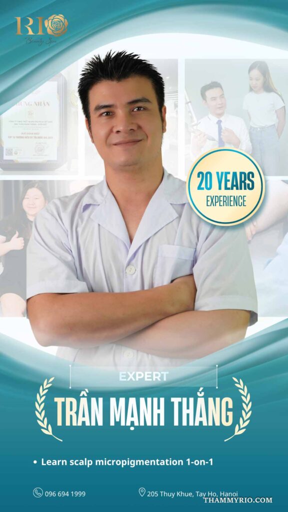 Master Tran Manh Thang crossing arms on a 1-on-1 scalp micropigmentation training course poster with 20 years experience badge