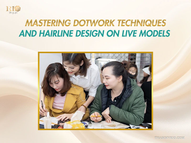 Instructor leaning over students while guiding hands-on drawing and dotwork hairline design techniques during class