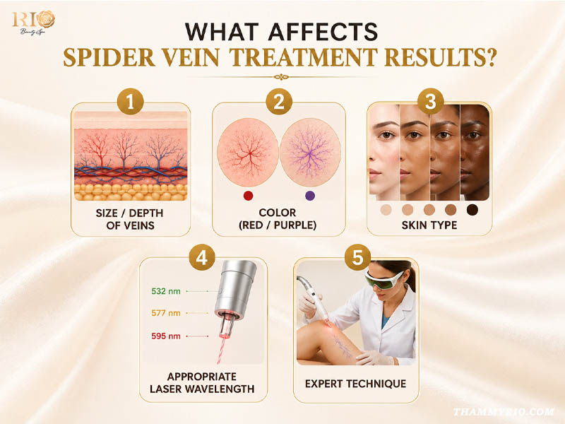 An infographic titled "What affects spider vein treatment results?" detailing five factors with icons: 1. Size/Depth of veins, 2. Color (Red/Purple), 3. Skin Type, 4. Appropriate Laser Wavelength, 5. Expert Technique.