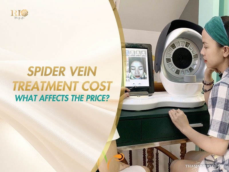 Patient undergoing 3D facial skin analysis on a banner explaining what factors affect spider vein treatment cost