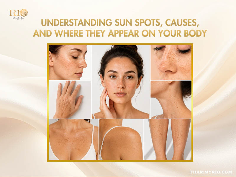 Sun spots appearing on the face, hands, chest, shoulders, and legs