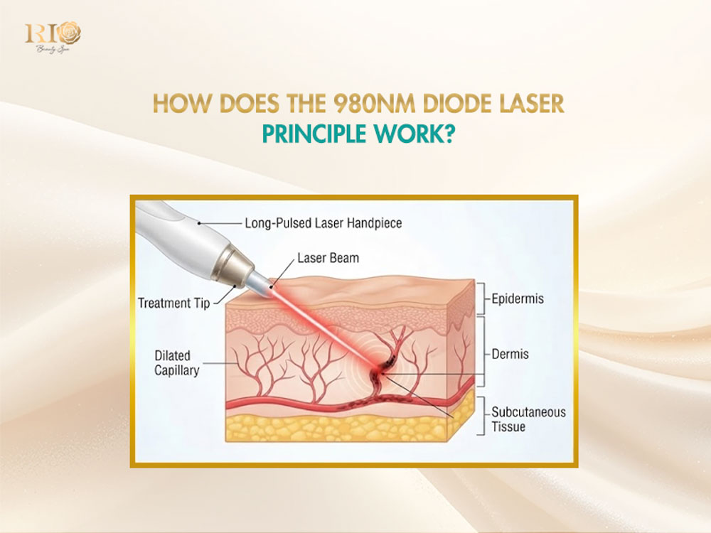 Cutaway skin diagram illustrating laser energy delivery into dilated capillaries via Bio Vein Clear Max 980 nm