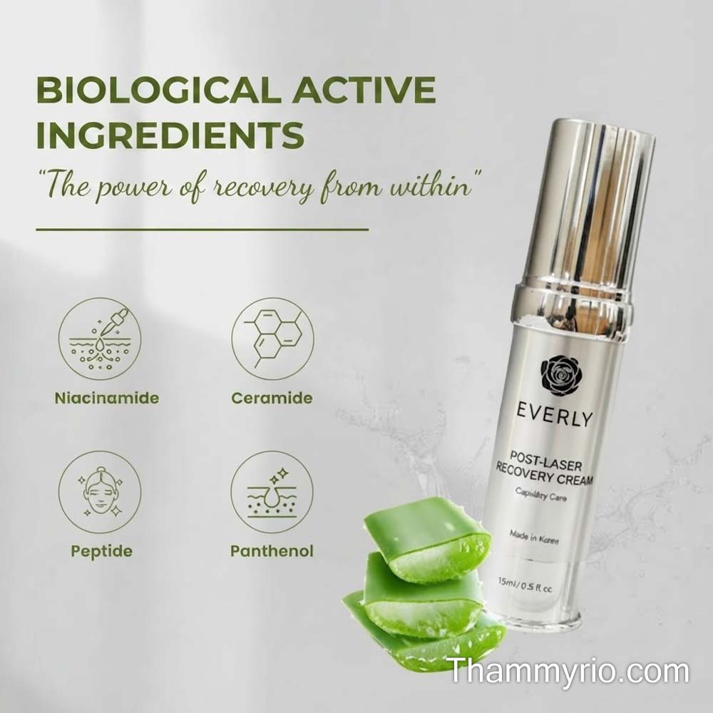 Key active biological ingredients including Niacinamide, Ceramide, Peptide, and Panthenol in Everly post-laser skincare