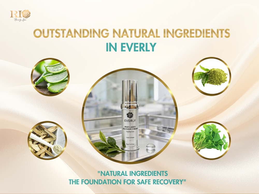 Four botanical extracts including aloe vera, green tea, licorice, and centella in Everly post-laser skincare