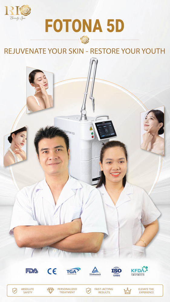 Rio Beauty Spa's vertical banner showcasing Fotona 5D laser CO2 fractional technology with experts.