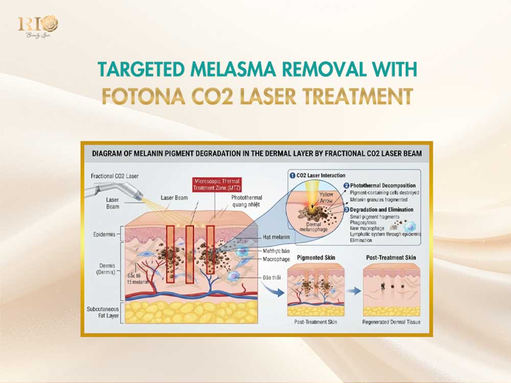 Scientific diagram illustrating the degradation and elimination of melanin pigment by fractional CO2 laser.