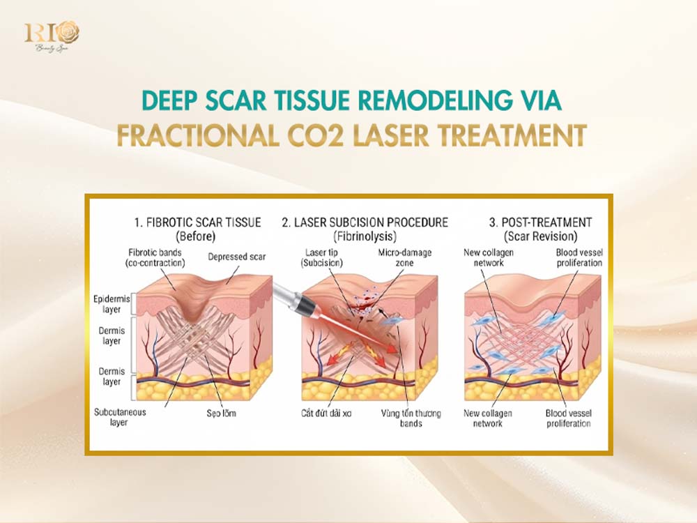 Diagram of deep scar tissue remodeling via technology Fotona 5D laser CO2 fractional.