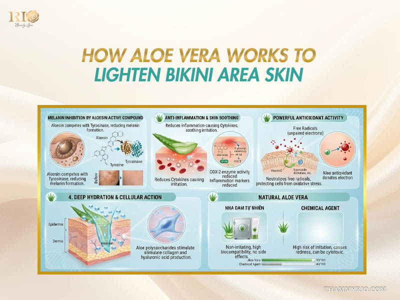 Infographic explaining cellular mechanism of aloe vera to lighten bikini area skin