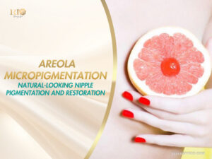 Woman with red nails holding a pink grapefruit slice on a banner highlighting areola micropigmentation for natural nipple restoration