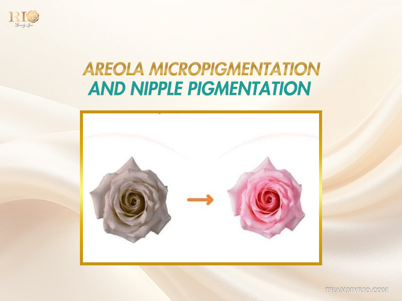 Before and after comparison of a faded rose turning vibrant pink representing areola micropigmentation color rejuvenation