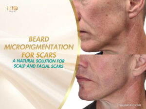 Split before and after comparison of jawline restoration using beard micropigmentation for scars