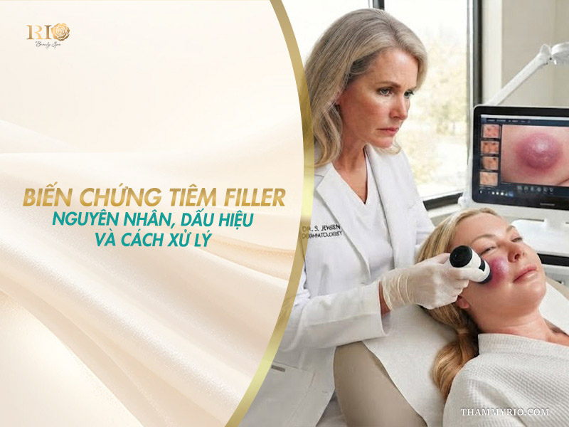 Bác sĩ da liễu đang soi da để xử lý biến chứng tiêm filler cho bệnh nhân.
