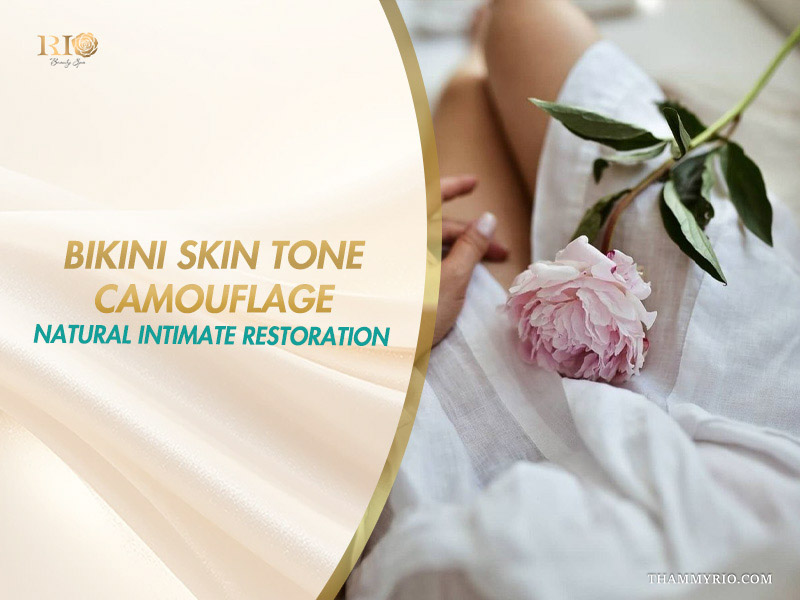 Woman relaxing in white robe beside a soft pink peony illustrating natural intimate restoration with bikini skin tone camouflage