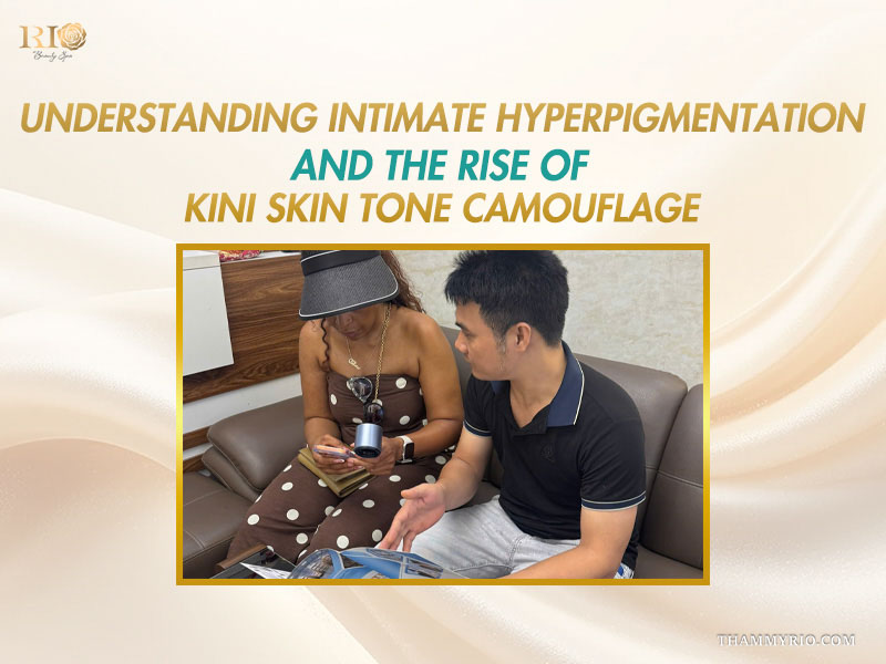 Aesthetic specialist consulting a client on intimate hyperpigmentation and personalized bikini skin tone camouflage plans
