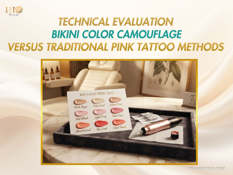 Velvet tray displaying 9 organic pigment shades and a micro-pigmentation device used for bikini skin tone camouflage