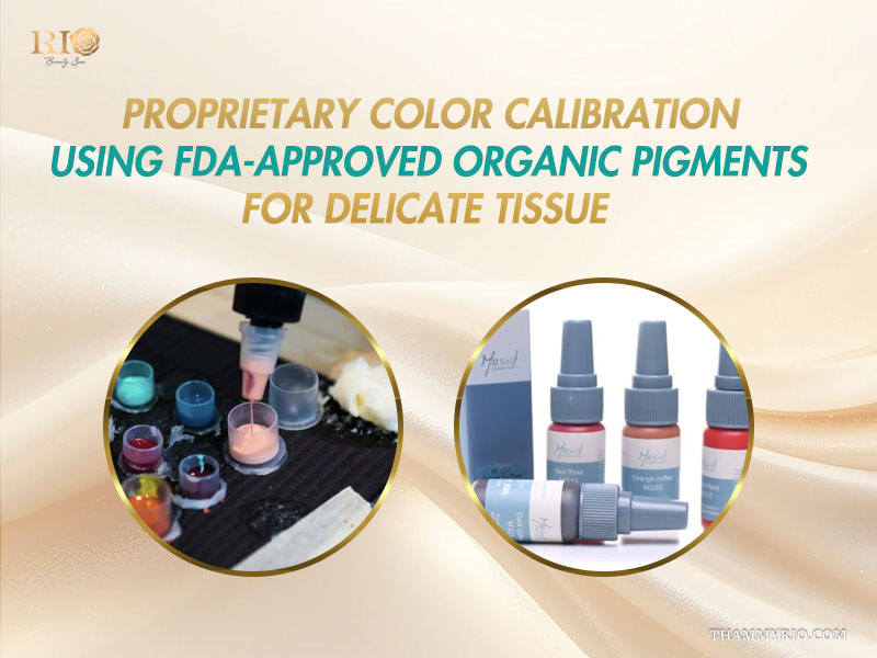 Specialist mixing bio-compatible pigments tailored specifically for sensitive tissue in bikini skin tone camouflage