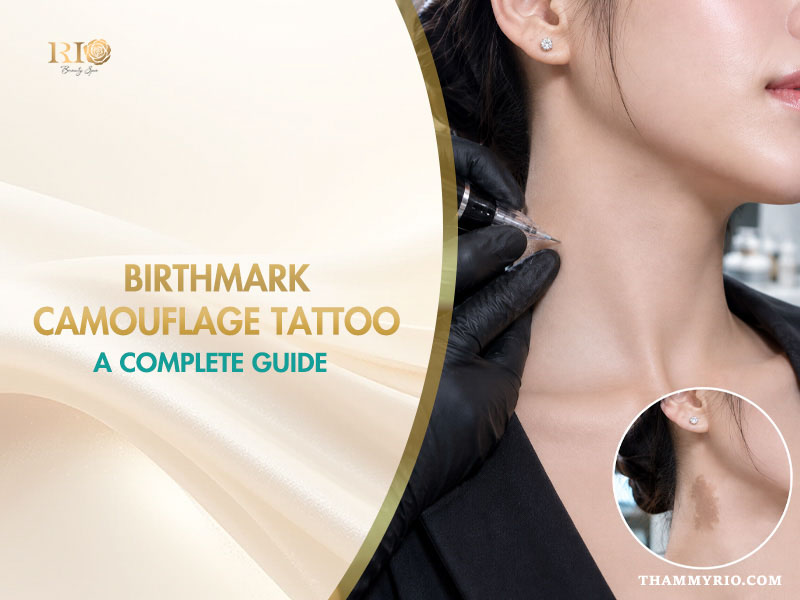 Professional performing birthmark camouflage tattoo on neck skin at Rio Beauty Clinic.