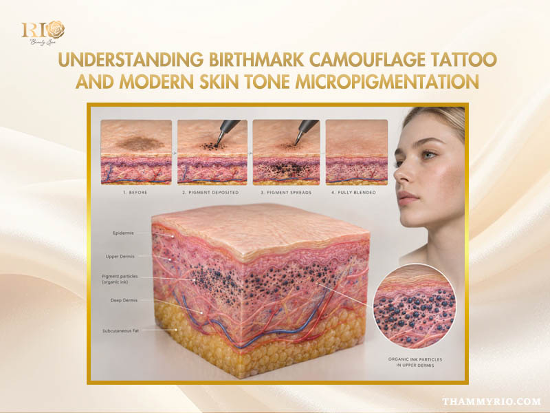 Diagram showing skin layers and micropigmentation process for birthmark camouflage tattoo.
