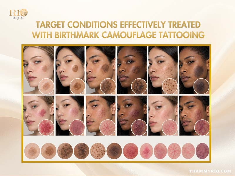 Grid of target skin conditions treated with birthmark camouflage tattooing on various skin tones.
