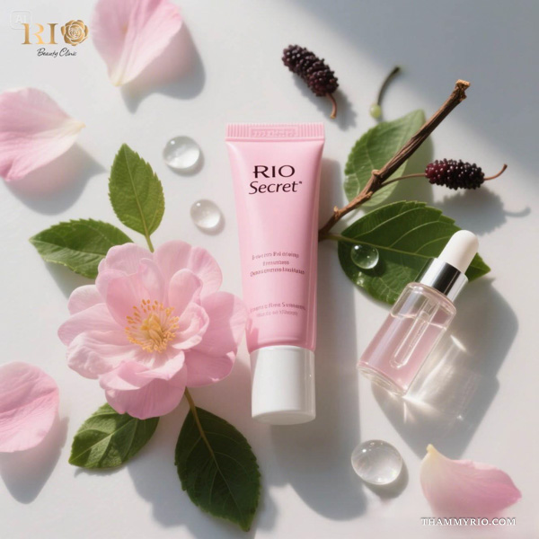 Pink Rio Secret cream and serum surrounded by botanical flowers for post-procedure care after bleaching the anus