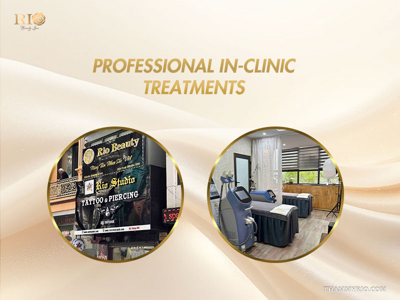 Dual view of clinic exterior and private treatment suite for treating dark private areas at Rio Beauty Clinic