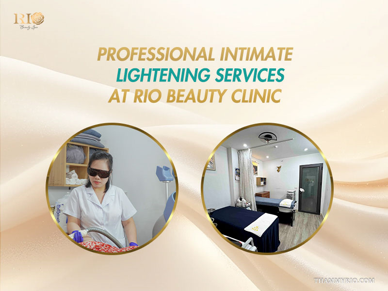 Laser technician operating equipment and private clinic room providing lightening services for dark private areas